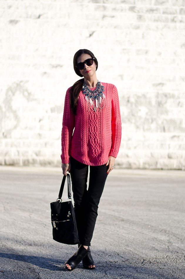 dressing-up-a-bright-pink-cable-knit-sweater-with-a-statement-necklace-3