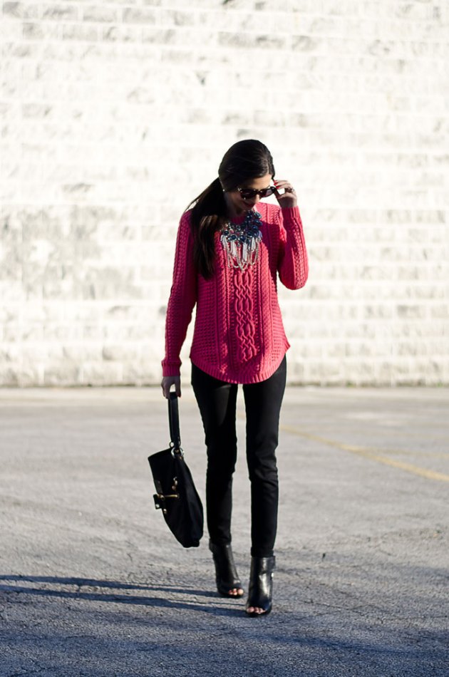 dressing-up-a-bright-pink-cable-knit-sweater-with-a-statement-necklace-6