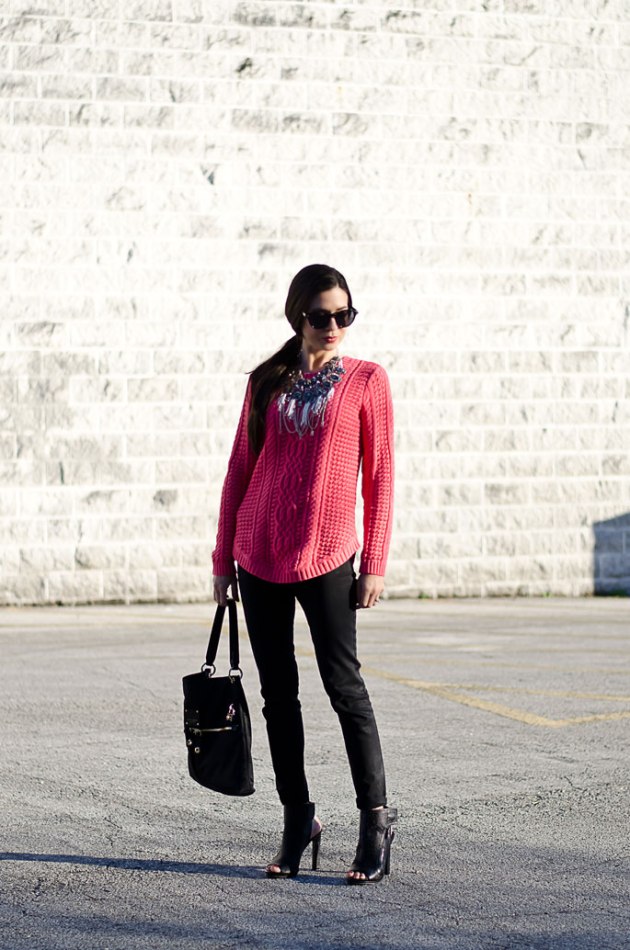 dressing-up-a-bright-pink-cable-knit-sweater-with-a-statement-necklace-7