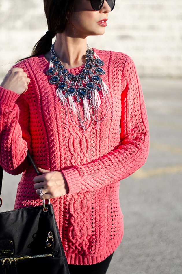 dressing-up-a-bright-pink-cable-knit-sweater-with-a-statement-necklace-9