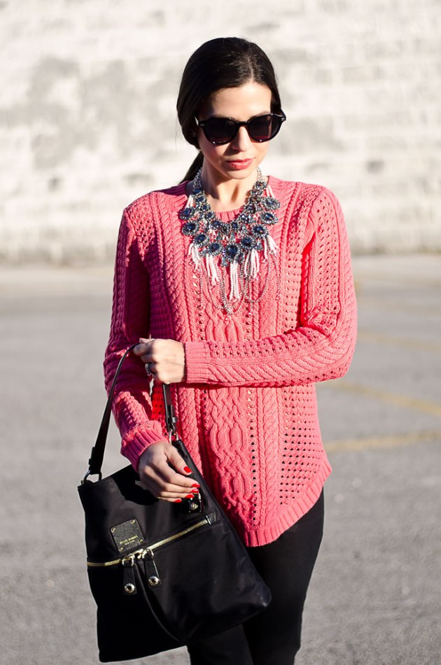 dressing-up-a-bright-pink-cable-knit-sweater-with-a-statement-necklace-henri-bendel-jetsetter-handbag